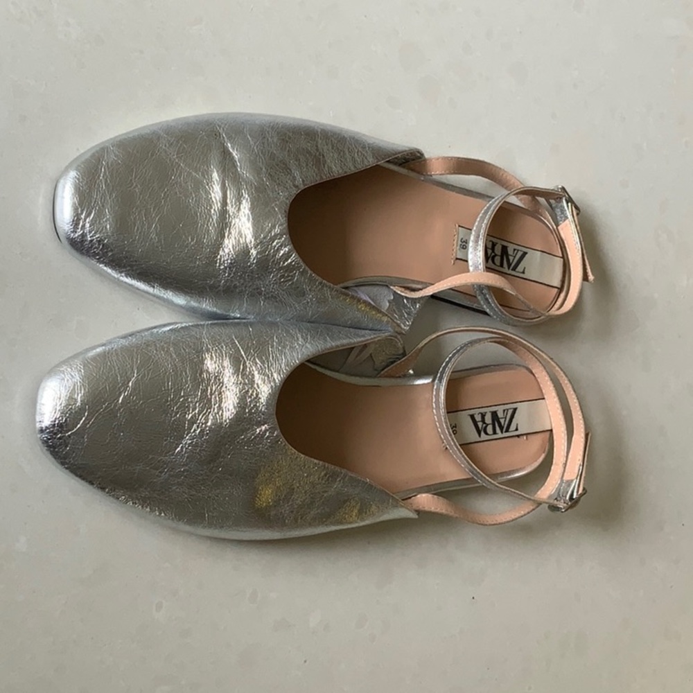 Zara silver ballet flats with wrapped ankle strap size 39